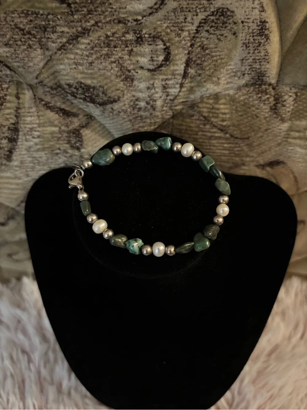 Carolyn Pollack 925 Sterling Silver Turquoise + Pearl Beaded Bracelet - 7 inches